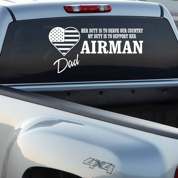 Car decal: heart flag with 'AIRMAN' and 'Dad' text