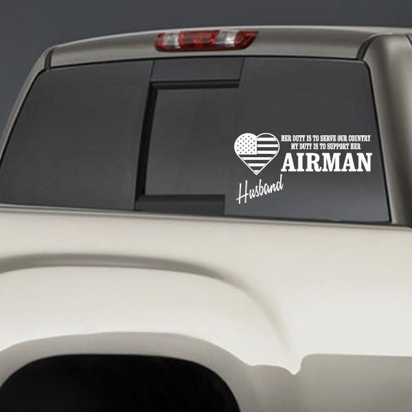 Car rear window decal: heart and wings with Airman Husband duty text