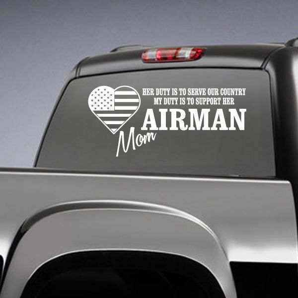 Airman Mom car decal with heart-flag icon and “Airman Mom” text
