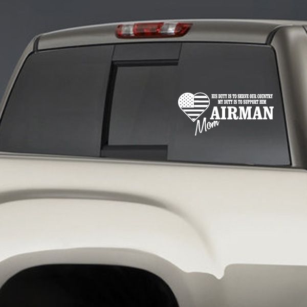 Vinyl car window decal with Airman text and heart icon, black and white design