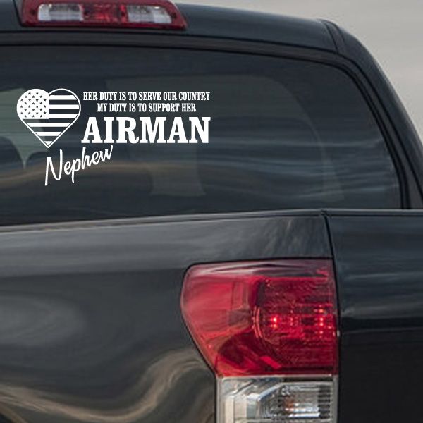Patriotic car window decal with heart icon and Airman Nephew text