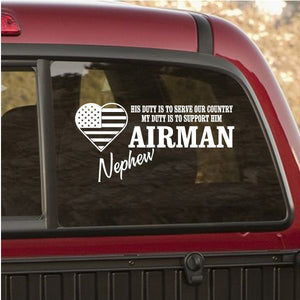 Airman Nephew vehicle decal: heart USA flag and 'Airman Nephew' text
