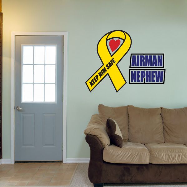 Yellow awareness ribbon decal with heart and text 'KEEP HIM SAFE' and 'AIRMAN NEPHEW'