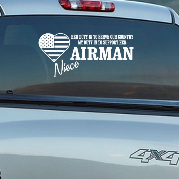 Window car decal with American heart icon and 'Airman Niece' duty text
