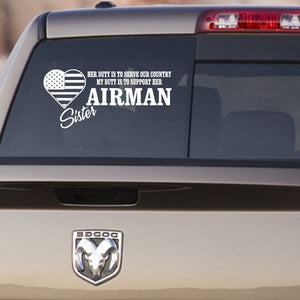 Car decal: Airman Sister heart with US flag, 'AIRMAN Sister' text