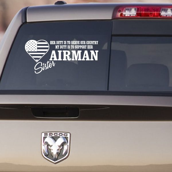 Car decal: Airman Sister heart with US flag, 'AIRMAN Sister' text