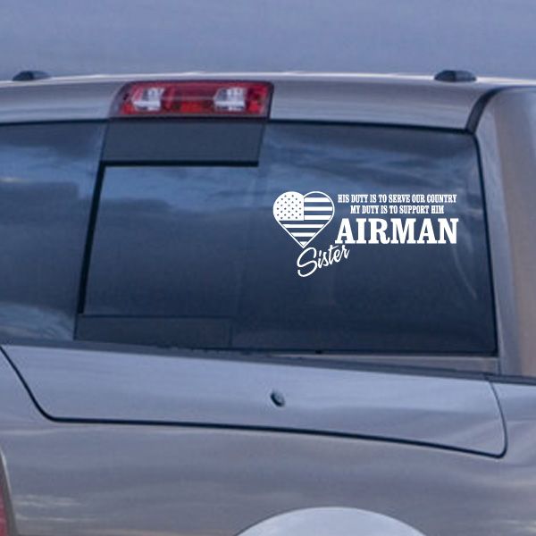 Airman Sister car decal with heart US flag and script text