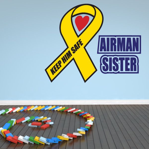 Yellow ribbon decal with red heart, 'KEEP HIM SAFE' and 'AIRMAN SISTER'.