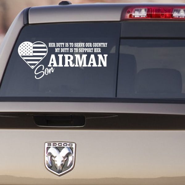 Airman Son duty decal: heart with US flag and AIRMAN Son text