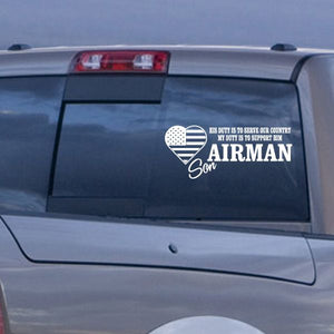 Heart-shaped Airman Son duty decal with US flag and bold text