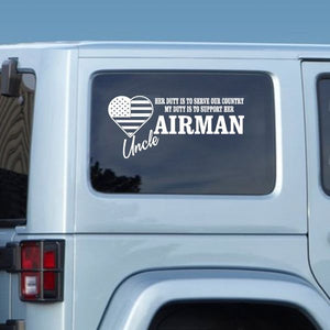 Airman Uncle her duty decal with American flag heart and text on dark background