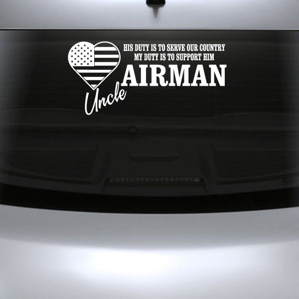 Airman Uncle duty decal with heart US flag and white lettering