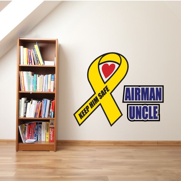 Yellow ribbon die-cut decal with heart and text KEEP HIM SAFE, AIRMAN UNCLE