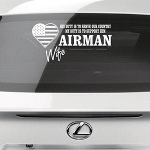 Car window decal with heart emblem and text for Airman wife duty
