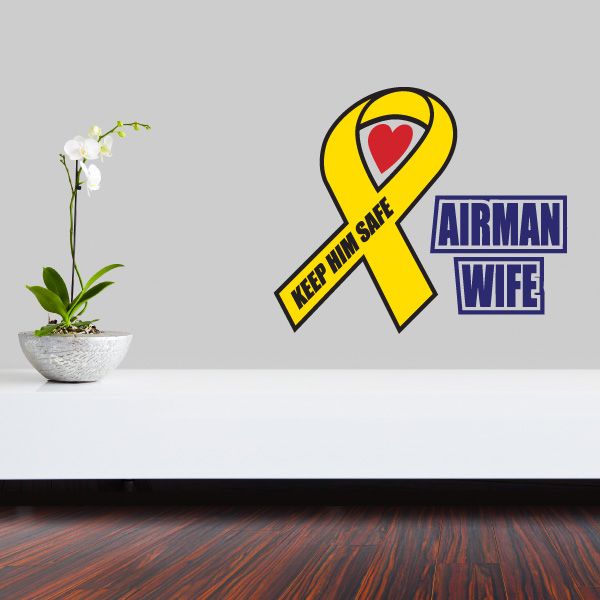 Airman wife ribbon die cut decal: yellow ribbon with heart and 'Keep him safe'.