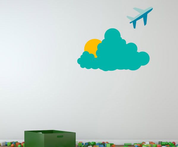 Airplane wall decal: teal cloud with yellow accent and blue plane