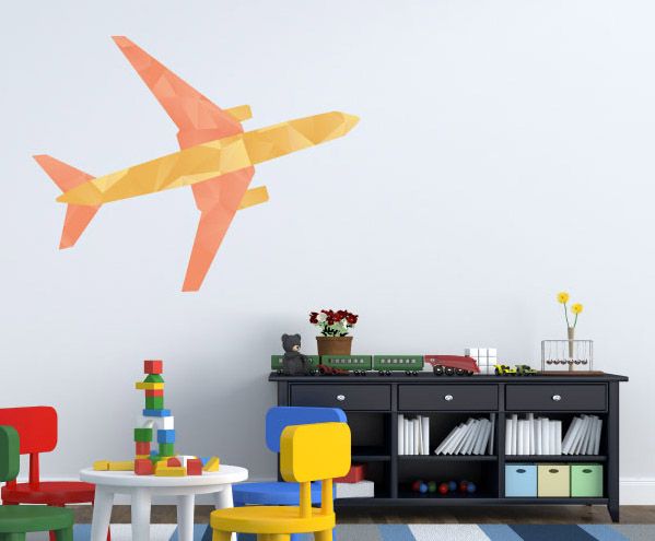 Colorful airplane wall decal with orange and yellow wings