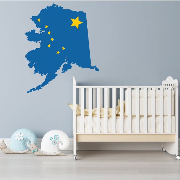 Alaska shape flag sticker with blue map and yellow stars
