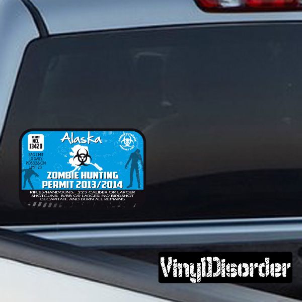 Zombie hunting permit sticker with blue Alaska logo and biohazard symbols