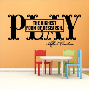 Decorative wall decal with black ornate text: THE HIGHEST FORM OF RESEARCH, Einstein