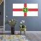 Alderney flag sticker: white field with red cross and green lion emblem