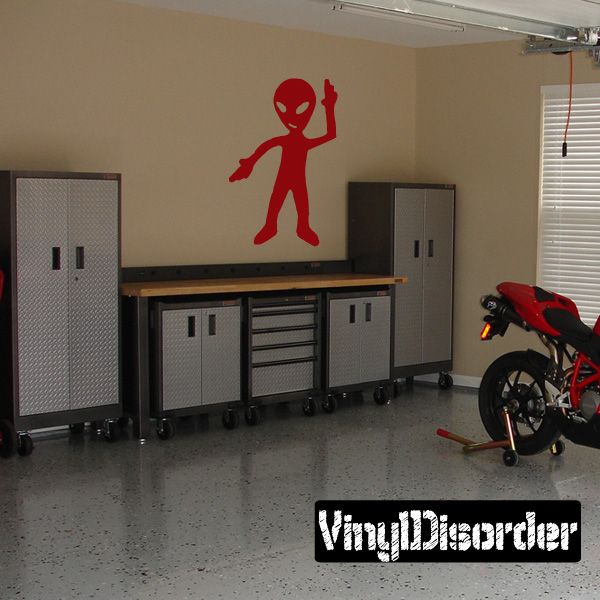 Red alien martial arts decal sticker, standing pose with raised fist and arm.