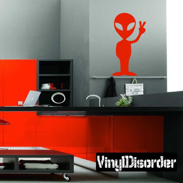 Alien peace sign wall decal, red alien figure with raised hand