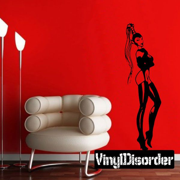 Alien stripper wall decal, black pinup-style figure with raised hand and stylized body art