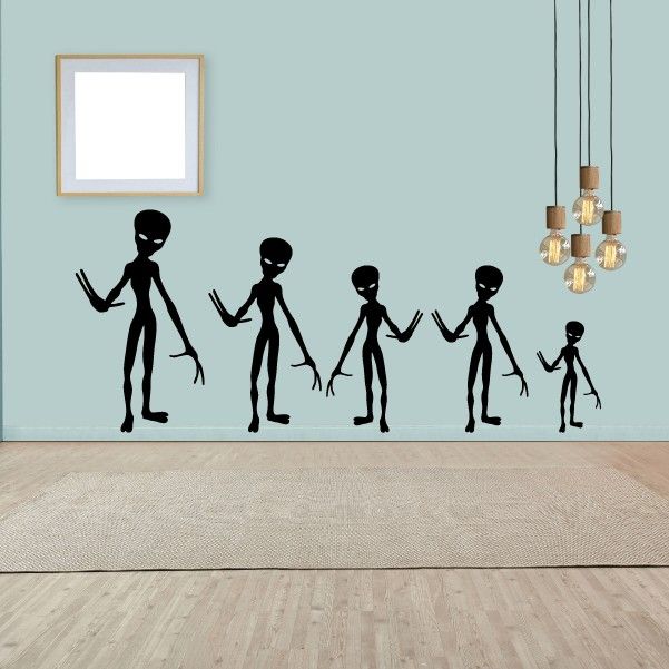 Alien family kit wall decal set with black standing alien silhouettes, 5 figures