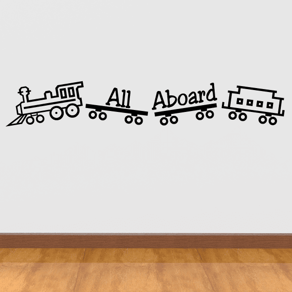 Train decal: two locomotives with 'All Aboard' text