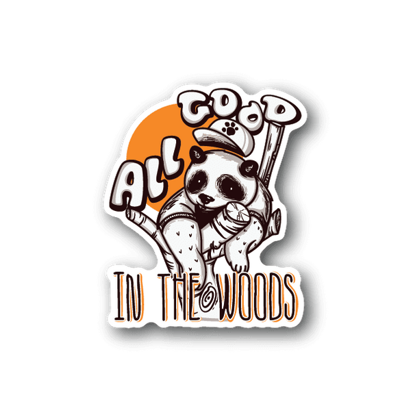 Panda vinyl sticker with orange scene and text 'ALL GOOD IN THE WOODS'