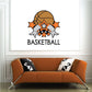Basketball logo sticker with basketball graphic and stars, text BASKETBALL