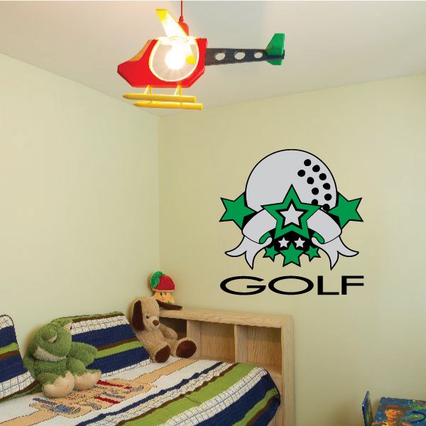 AllStar golf sticker with gray circle, green starburst, and “GOLF” text