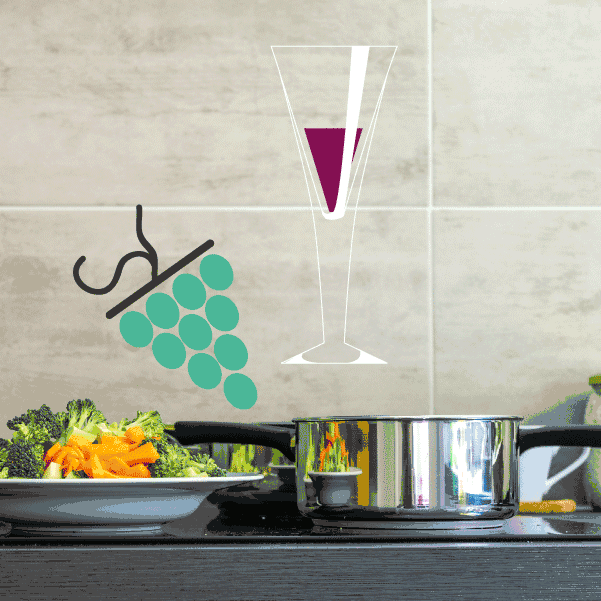Wine glass sticker with purple almost-empty fill, teal grapes, and crossed utensils