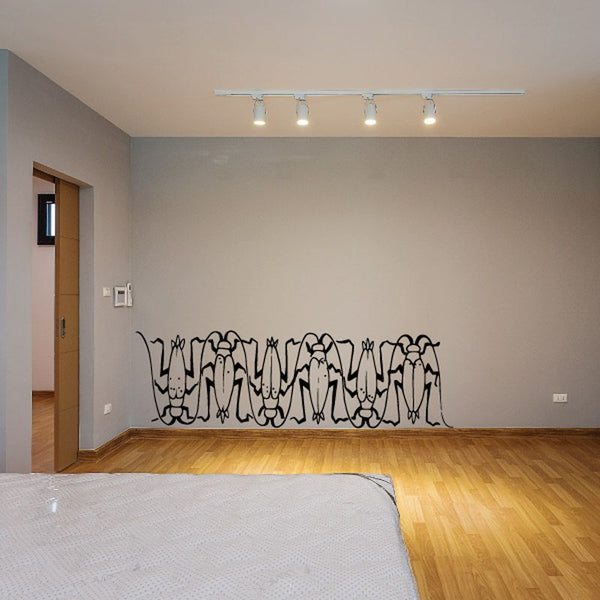 Wall decal featuring alternating black cartoon roach line-art silhouettes across wall