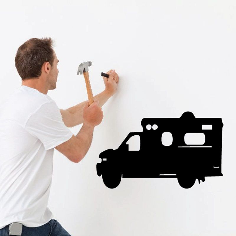 Ambulance truck vinyl wall decal, black outline silhouette with siren and wheels