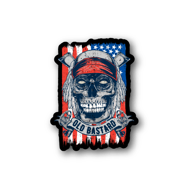 Image of Ameican Flag Old Bastards Skull Sticker