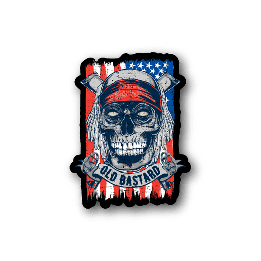 Image of Ameican Flag Old Bastards Skull Sticker