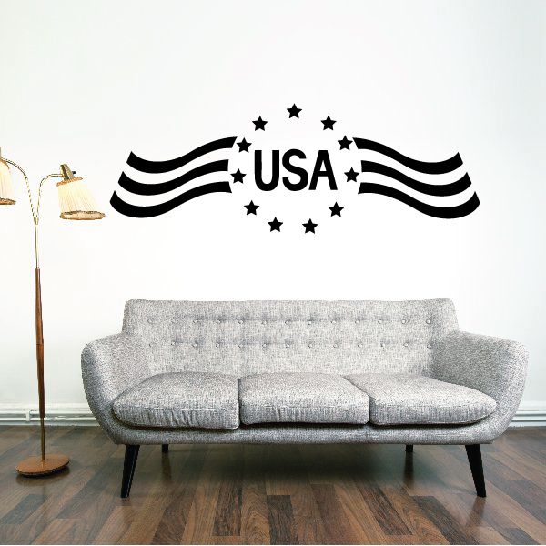 USA flag wall decal with stars and black-and-white waving stripes