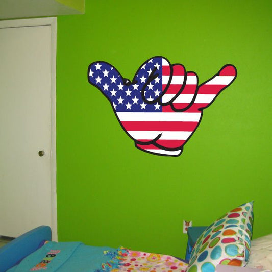 America flag shaka sticker with star-and-stripe hand gesture, red, white, and blue