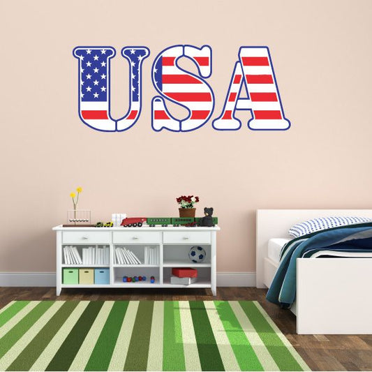 USA die-cut decal with American flag striped letter design in red, white, and blue