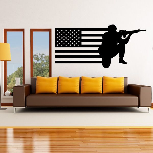 American flag aiming soldier wall decal: black soldier with rifle over stars and stripes