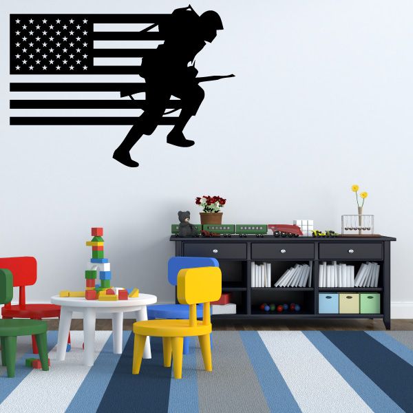 Patriotic wall decal of charging soldier silhouette with American flag stripes and stars