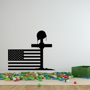 American flag and cross decal with star field and striped banner