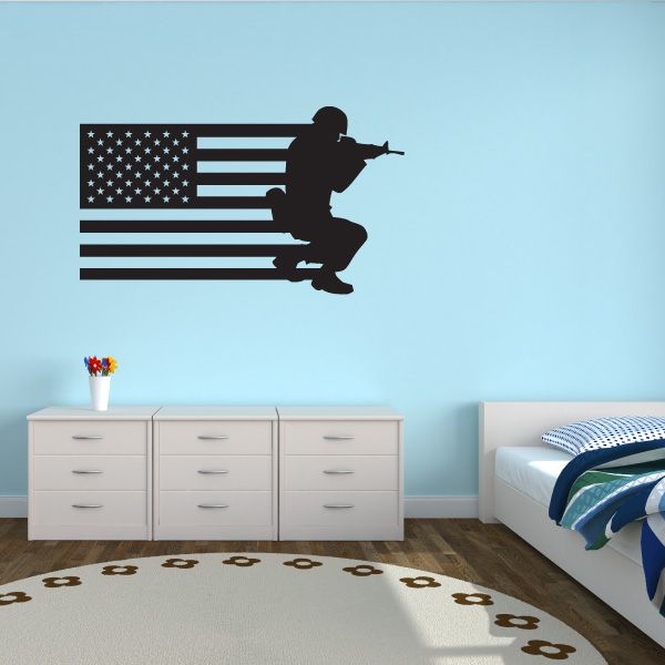 American flag and crouched aiming soldier wall decal
