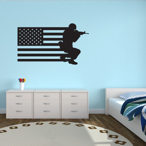 Image of America Flag with Crouched Aiming Soldier Decal