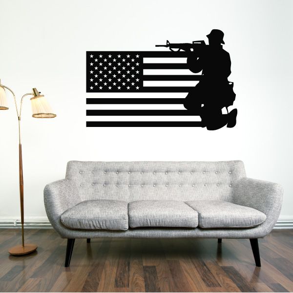 America flag decal with crouched soldier silhouette holding a rifle