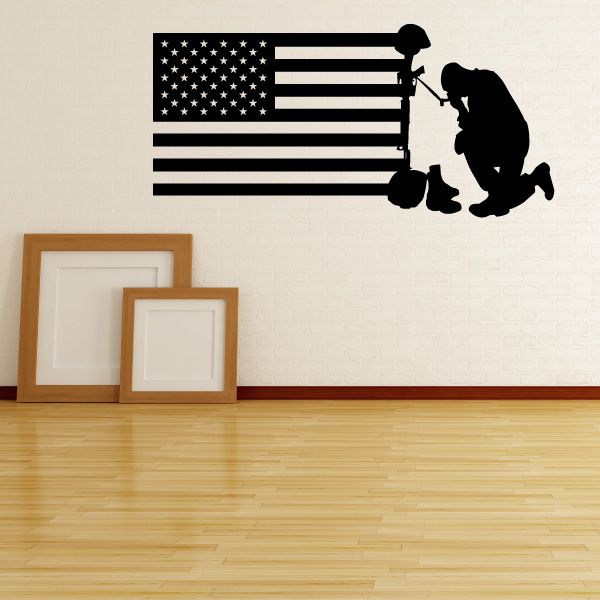 American flag and fallen soldier decal with kneeling silhouette