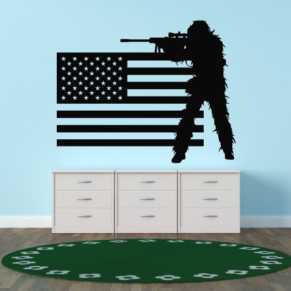 US flag wall decal with sniper silhouette in ghillie suit