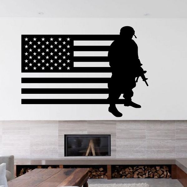 American flag with soldier silhouette decal, bold stars and stripe design